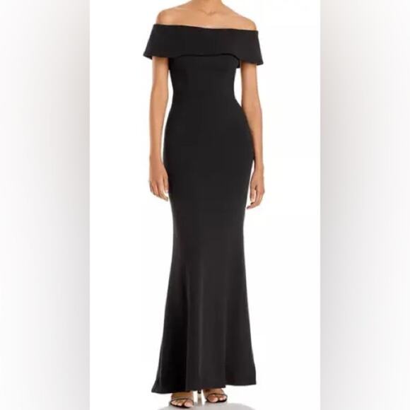 Betsy & Adam Women's Off the Shoulder Solid Fit and Flare Gown Black Sz 8